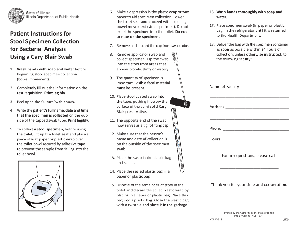 Patient Instructions for Stool Specimen Collection for Bacterial Analysis Using a Cary Blair Swab - Illinois, Page 1