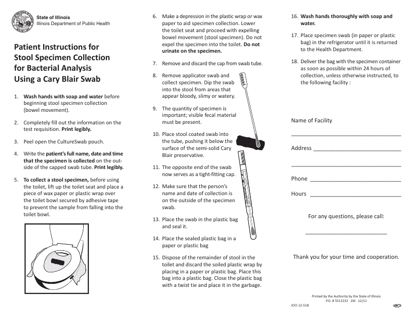 Patient Instructions for Stool Specimen Collection for Bacterial Analysis Using a Cary Blair Swab - Illinois Download Pdf