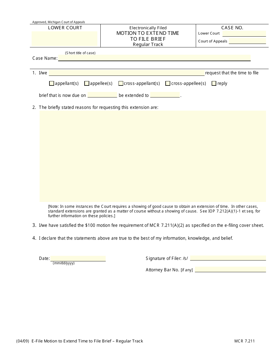 Form MCR7.211 Motion to Extend Time to File Brief - Regular Track - Michigan, Page 1
