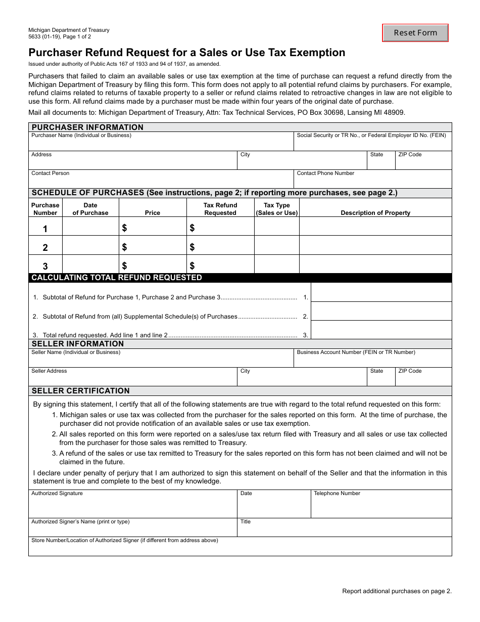 Form 5633 Purchaser Refund Request for a Sales or Use Tax Exemption - Michigan, Page 1