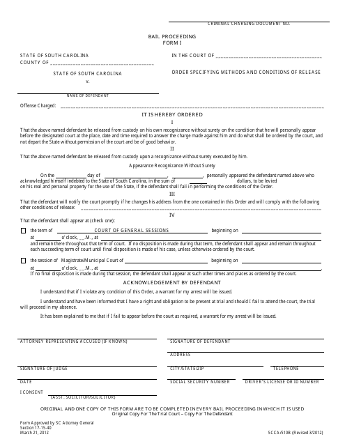 Form I (SCCA/510B) Bail Proceeding - South Carolina
