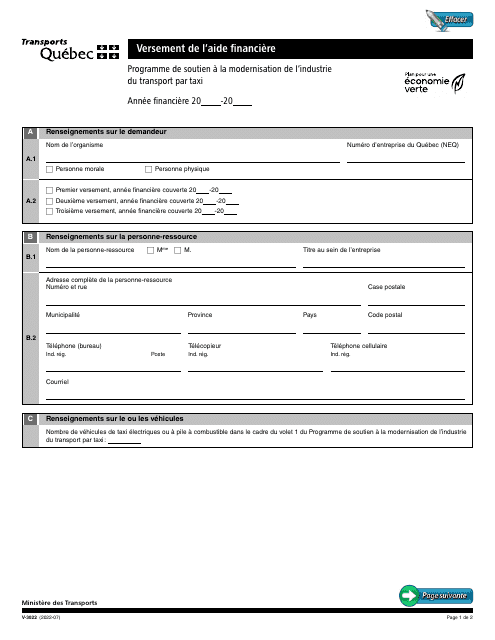Forme V-3022 Versement De L'aide Financiere - Quebec, Canada (French)