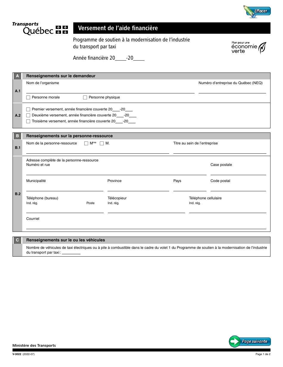 Forme V-3022 Versement De Laide Financiere - Quebec, Canada (French), Page 1