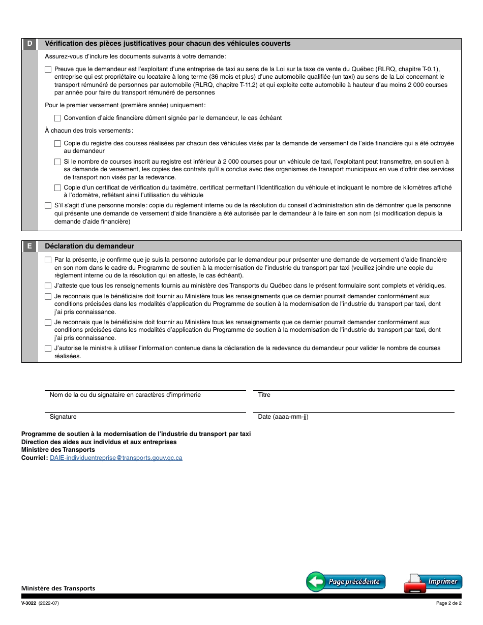 Forme V-3022 Versement De Laide Financiere - Quebec, Canada (French), Page 2