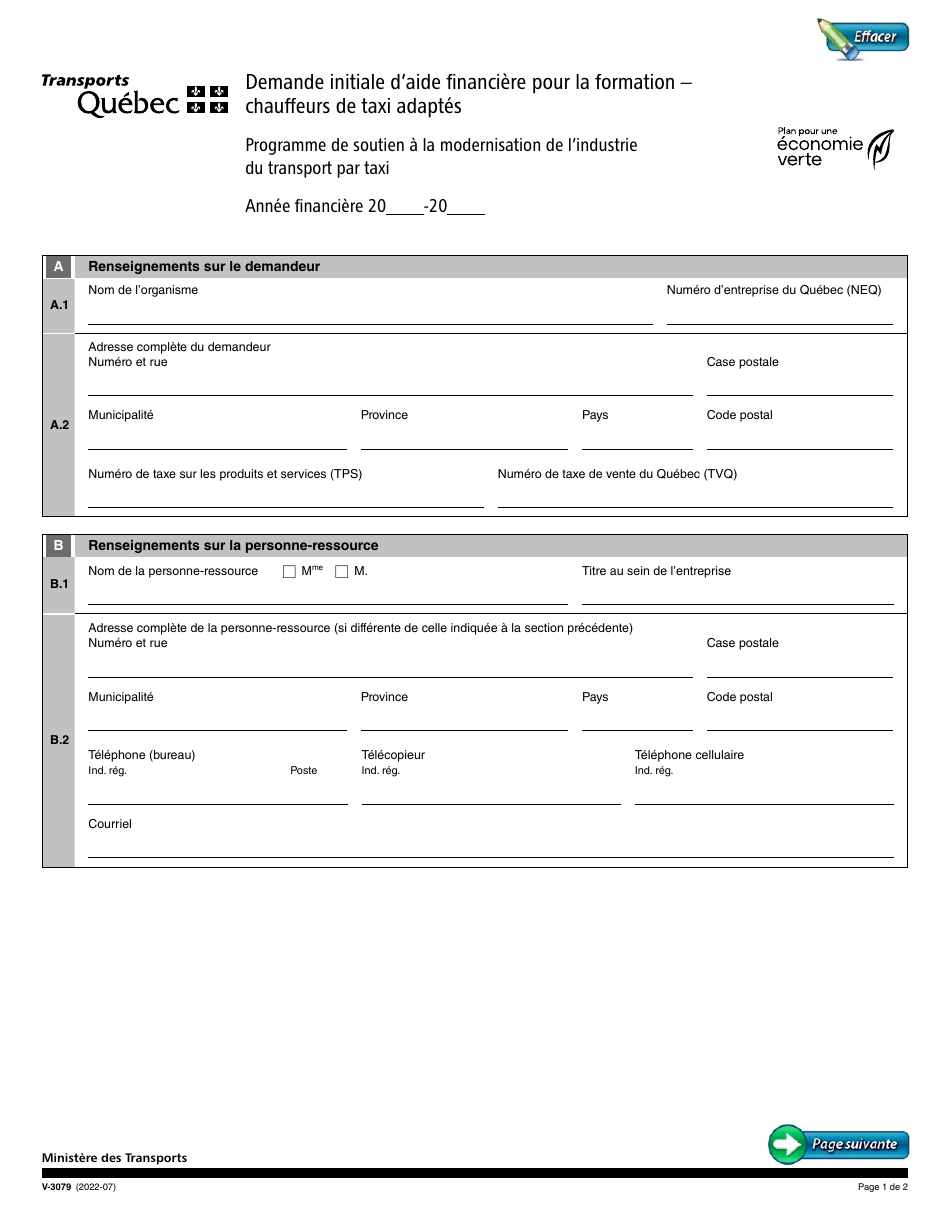 Forme V-3079 Demande Initiale Daide Financiere Pour La Formation - Chauffeurs De Taxi Adaptes - Quebec, Canada (French), Page 1