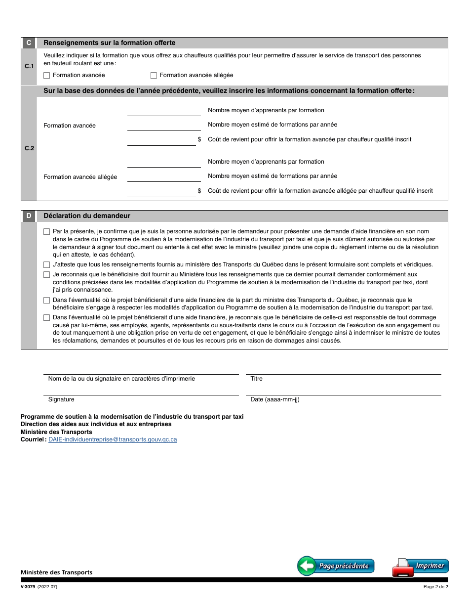 Forme V-3079 Demande Initiale Daide Financiere Pour La Formation - Chauffeurs De Taxi Adaptes - Quebec, Canada (French), Page 2