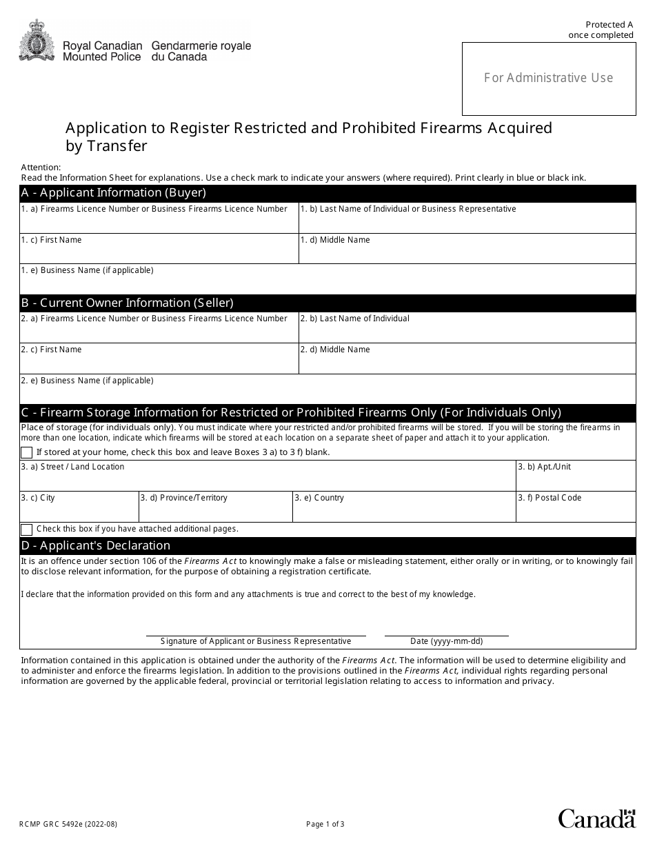 Form RCMP GRC5492E Application to Register Restricted and Prohibited Firearms Acquired by Transfer - Canada, Page 4