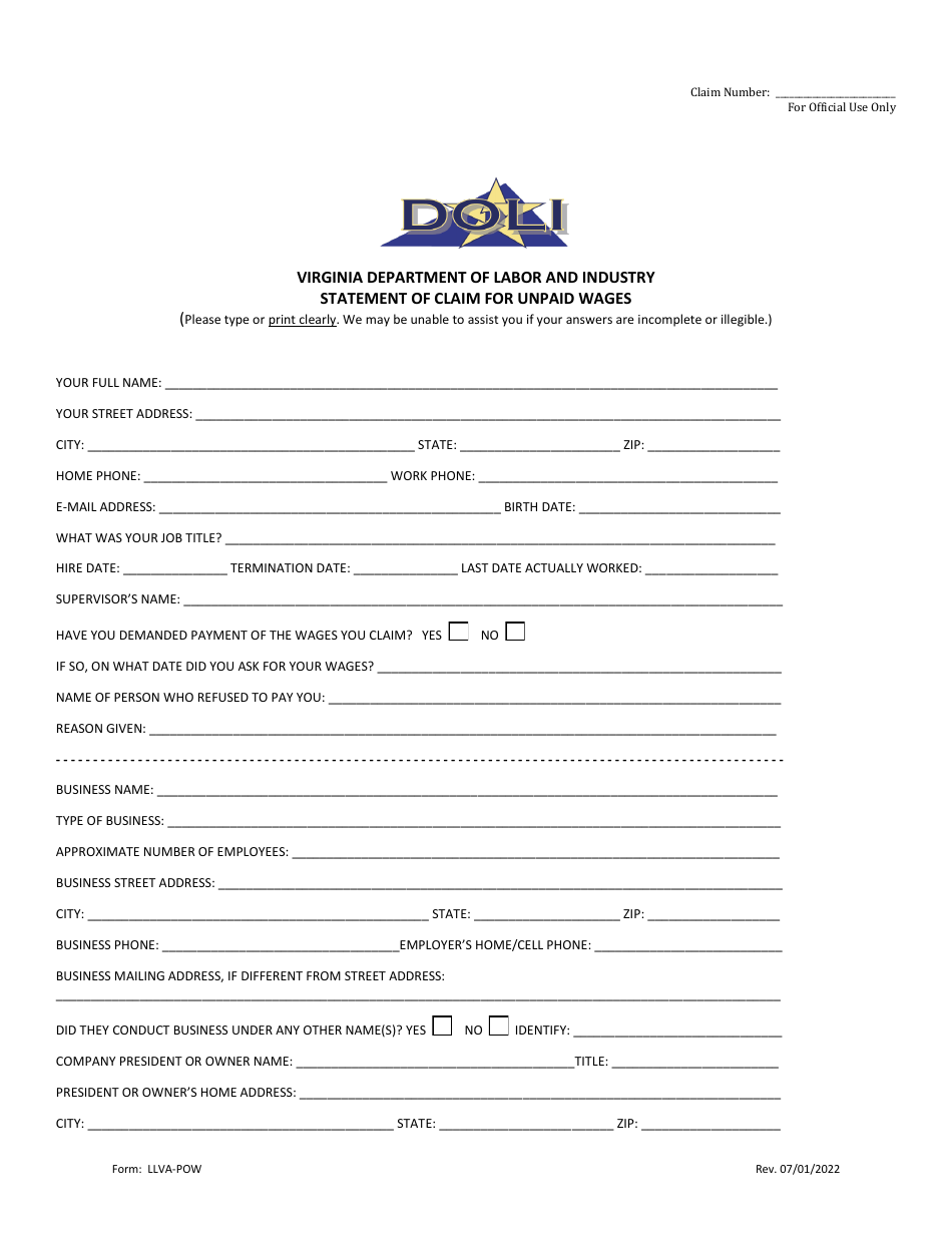 Form LLVA-POW Statement of Claim for Unpaid Wages - Virginia, Page 3