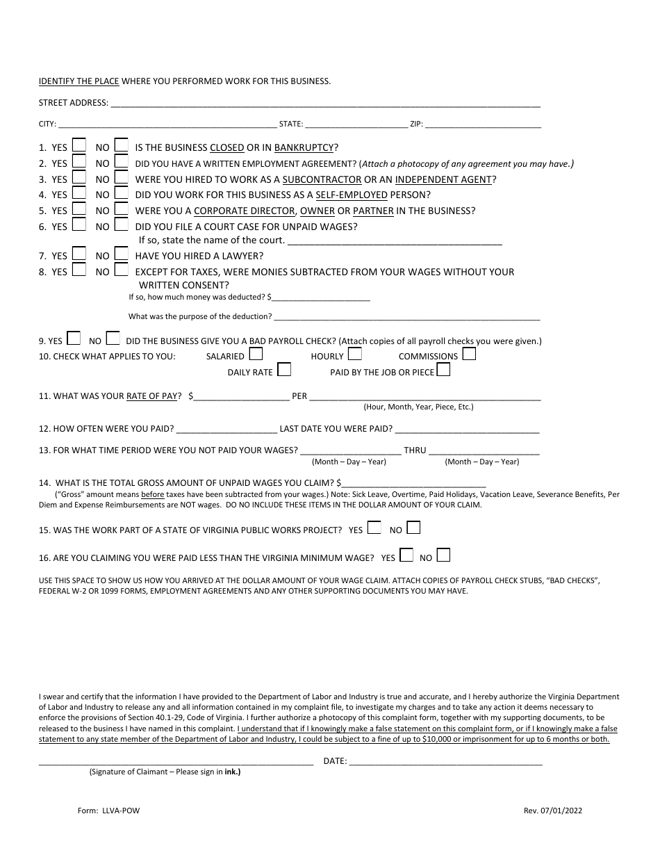Form LLVA-POW Statement of Claim for Unpaid Wages - Virginia, Page 4