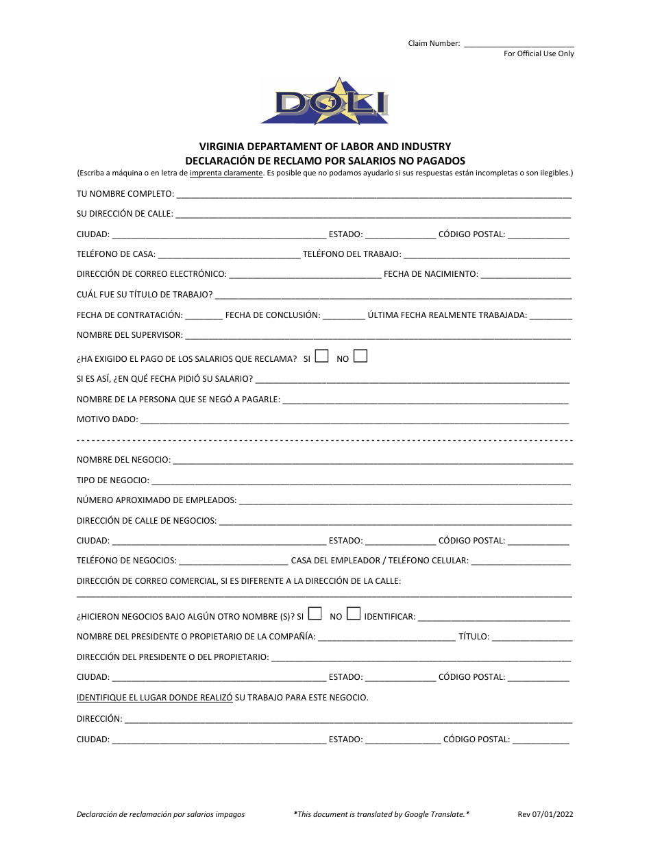 Declaracion De Reclamo Por Salarios No Pagados - Virginia (Spanish), Page 3