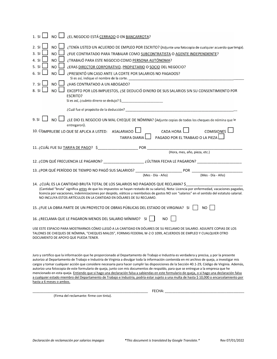 Declaracion De Reclamo Por Salarios No Pagados - Virginia (Spanish), Page 4