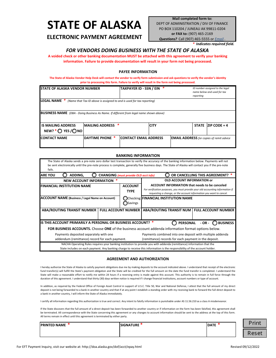 Electronic Payment Agreement for Vendors Doing Business With the State of Alaska - Alaska, Page 1