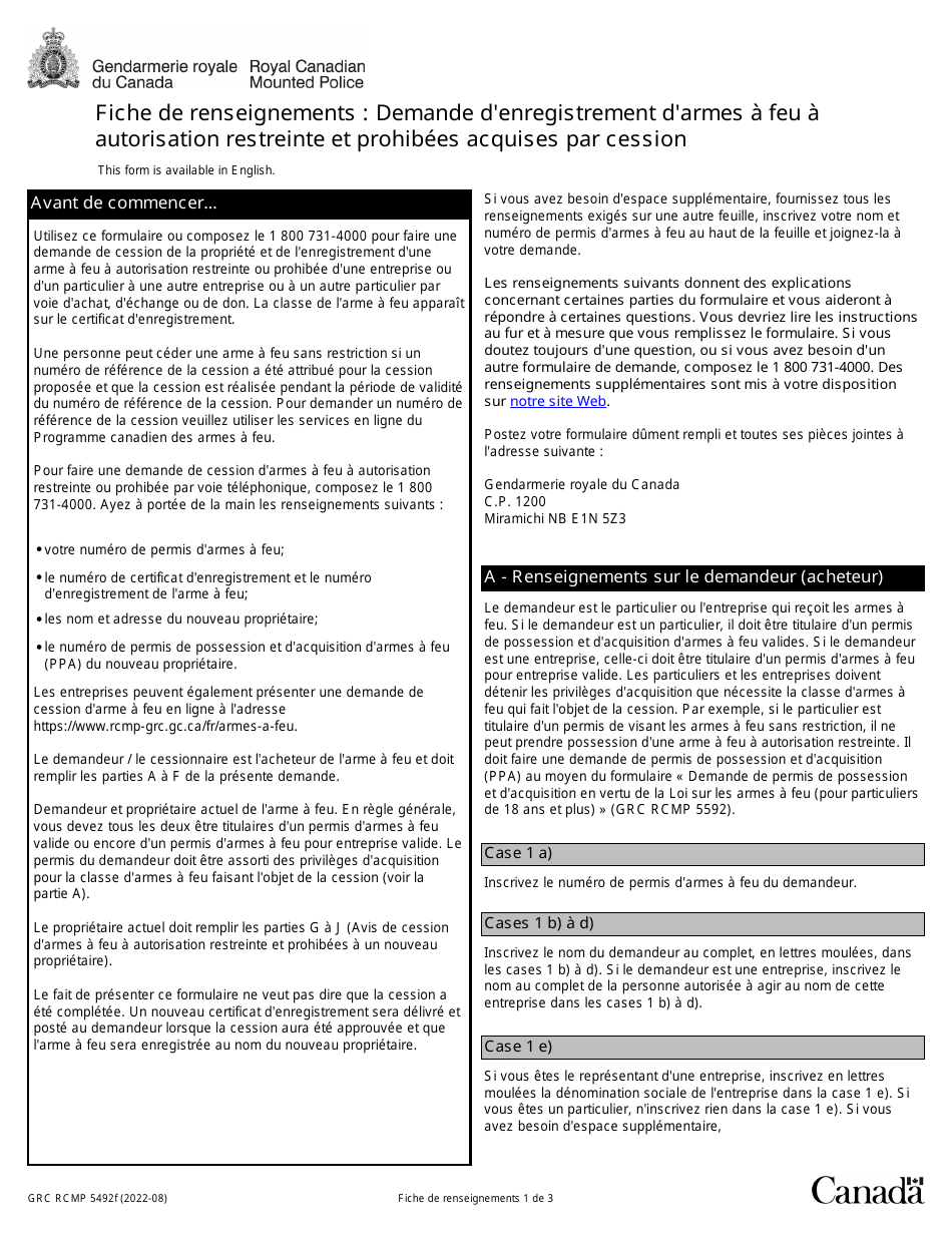 Forme GRC RCMP5492 Demande Denregistrement Darmes a Feu a Autorisation Restreinte Et Prohibees Acquises Par Cession - Canada (French), Page 1