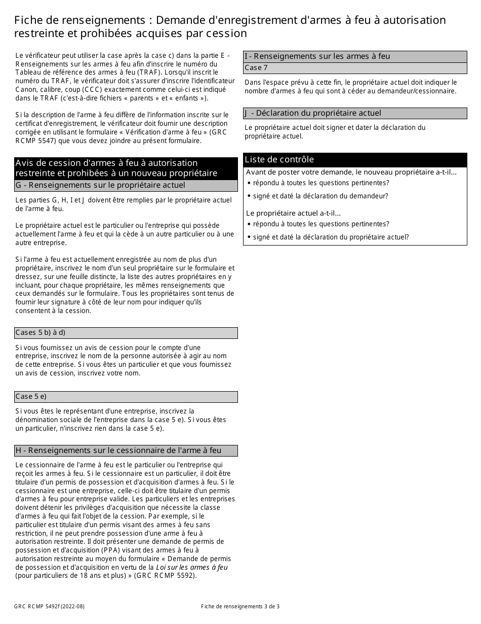 Forme GRC RCMP5492 Demande Denregistrement Darmes a Feu a Autorisation Restreinte Et Prohibees Acquises Par Cession - Canada (French), Page 3