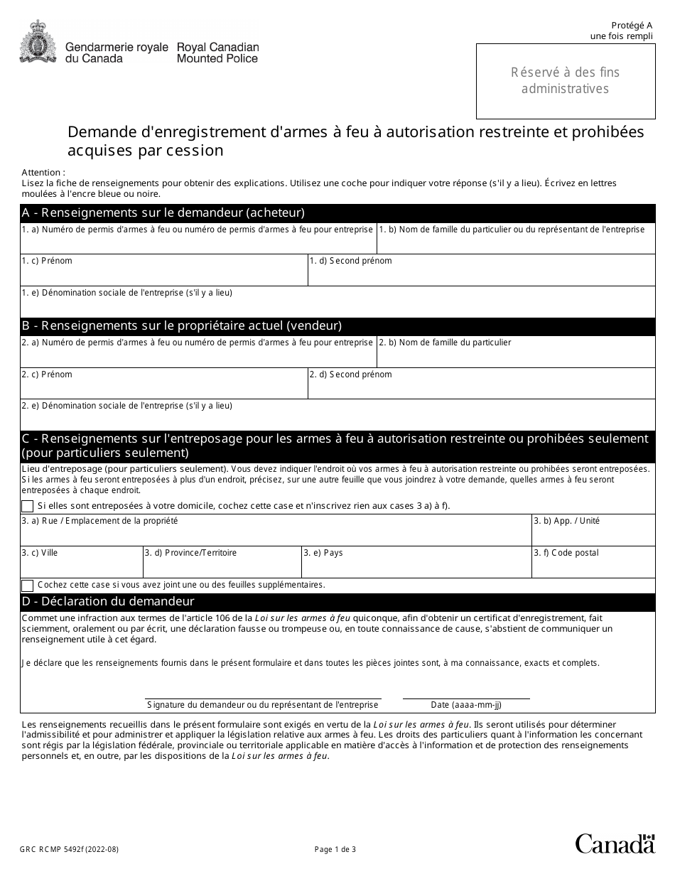 Forme GRC RCMP5492 Demande Denregistrement Darmes a Feu a Autorisation Restreinte Et Prohibees Acquises Par Cession - Canada (French), Page 4