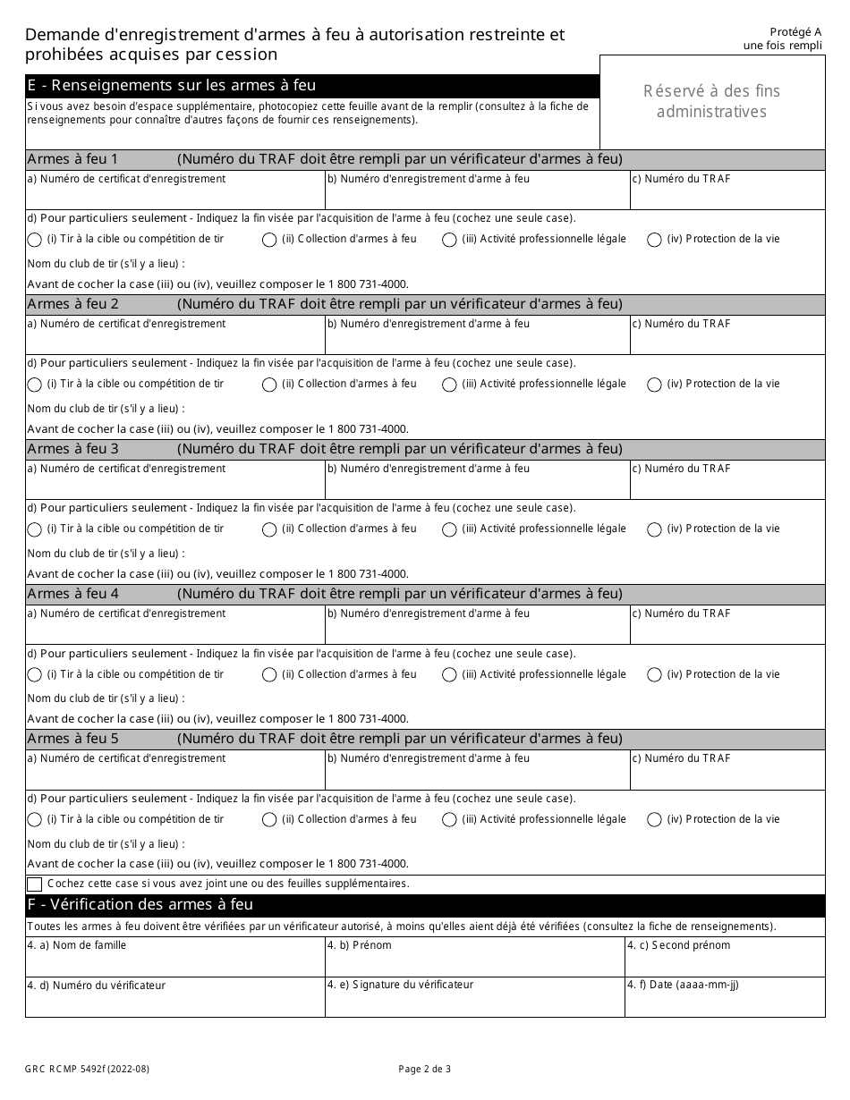 Forme GRC RCMP5492 Demande Denregistrement Darmes a Feu a Autorisation Restreinte Et Prohibees Acquises Par Cession - Canada (French), Page 5