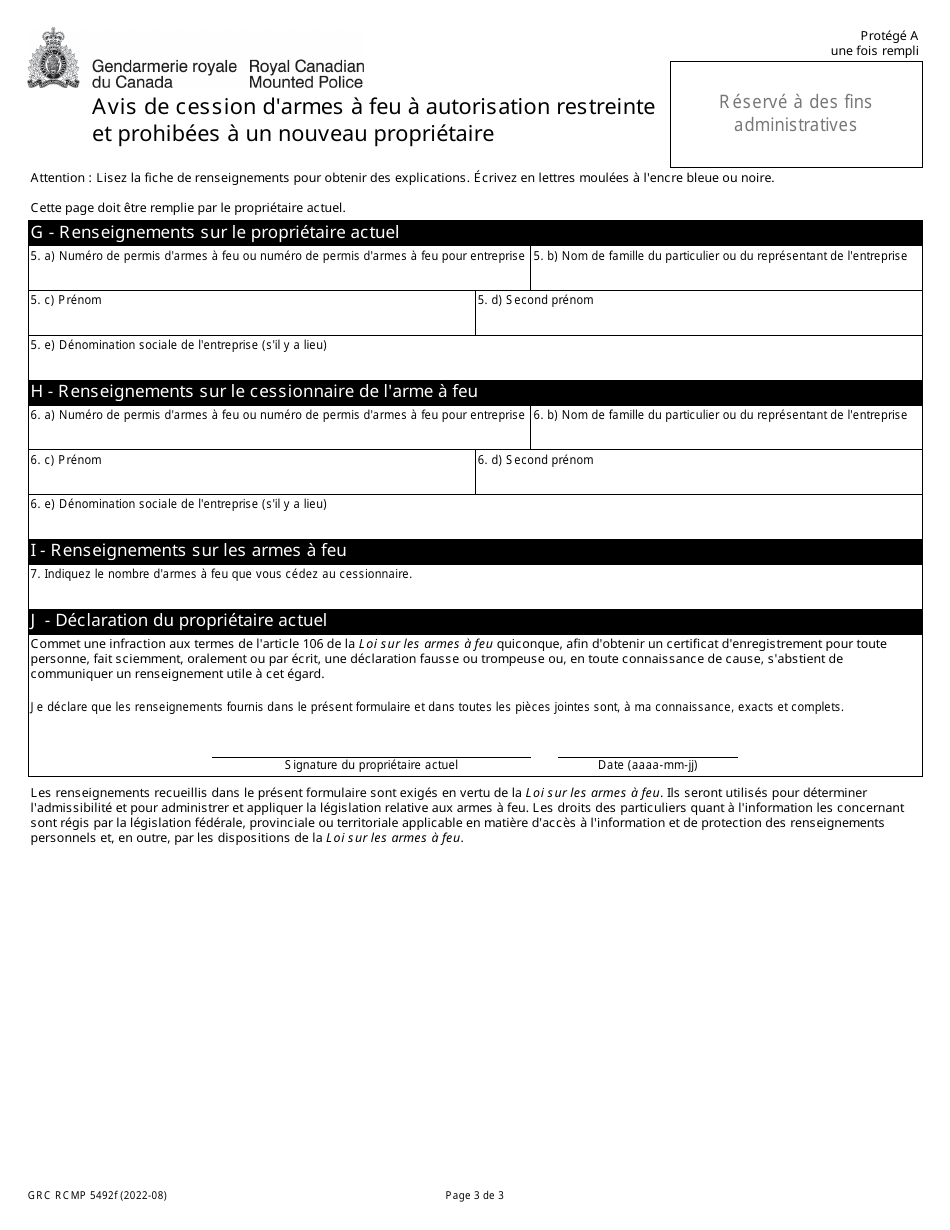 Forme GRC RCMP5492 Demande Denregistrement Darmes a Feu a Autorisation Restreinte Et Prohibees Acquises Par Cession - Canada (French), Page 6