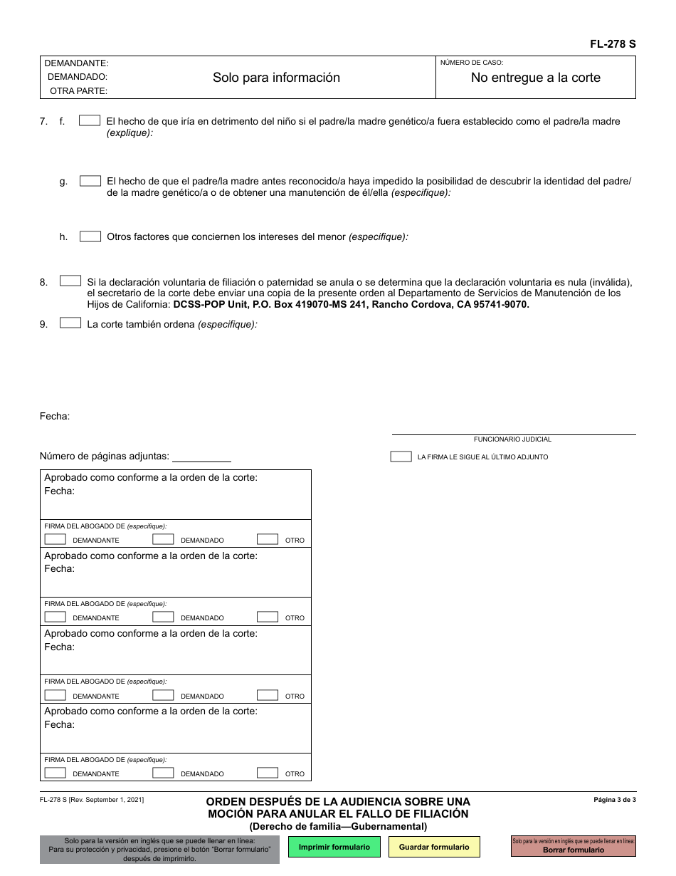 Formulario FL-278 Orden Despues De La Audiencia Sobre Una Mocion Para Anular El Fallo De Filiacion - California (Spanish), Page 3