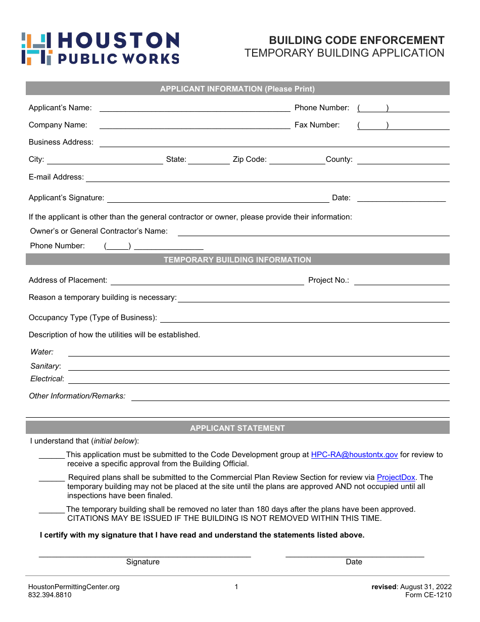 Form CE-1210 Temporary Building Application - City of Houston, Texas, Page 1