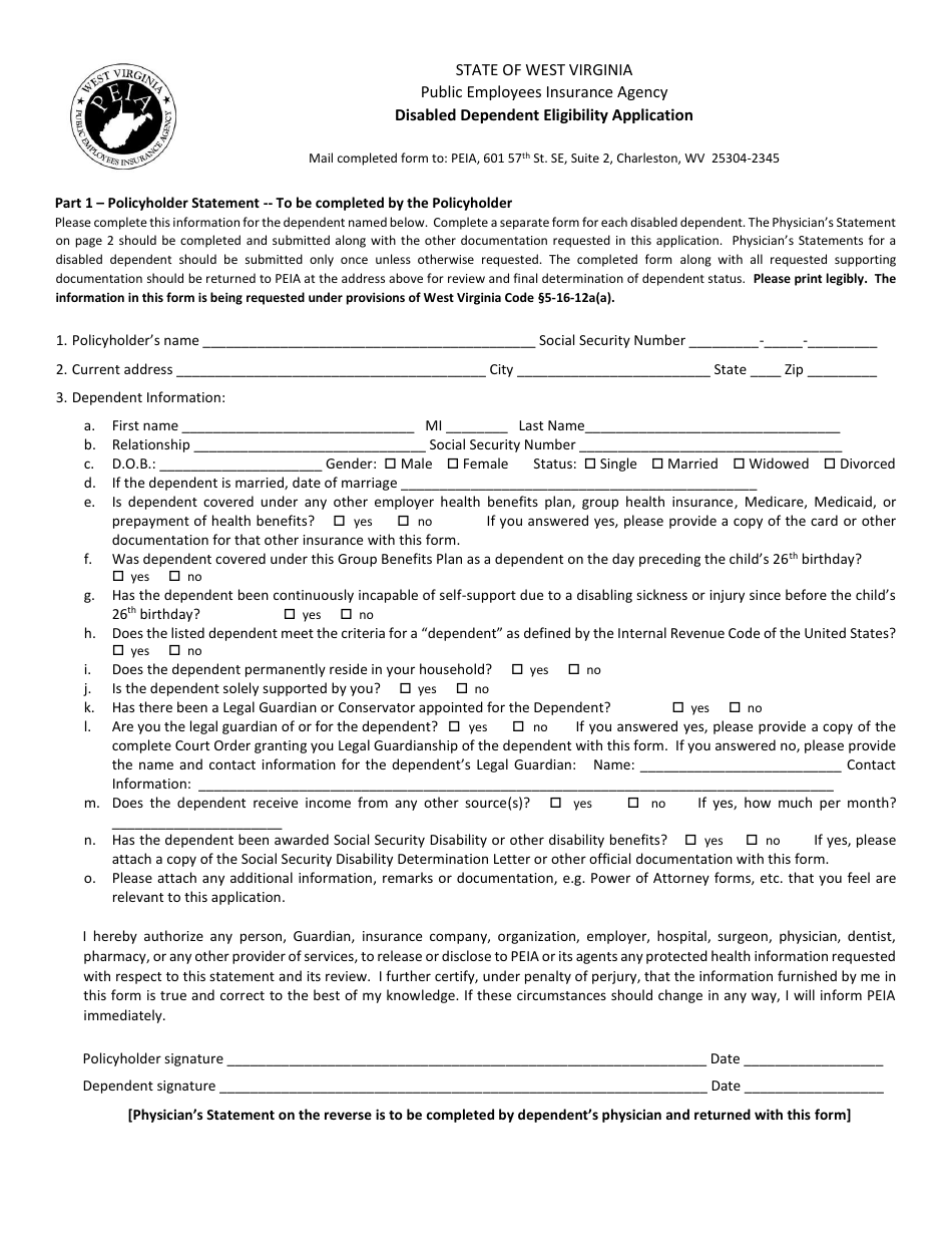 Disabled Dependent Eligibility Application - West Virginia, Page 1