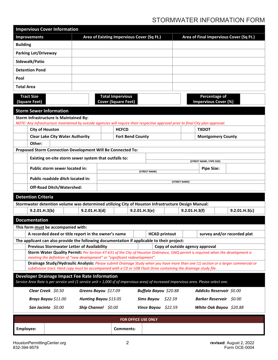 Form OCE-0004 Stormwater Information Form - City of Houston, Texas, Page 2