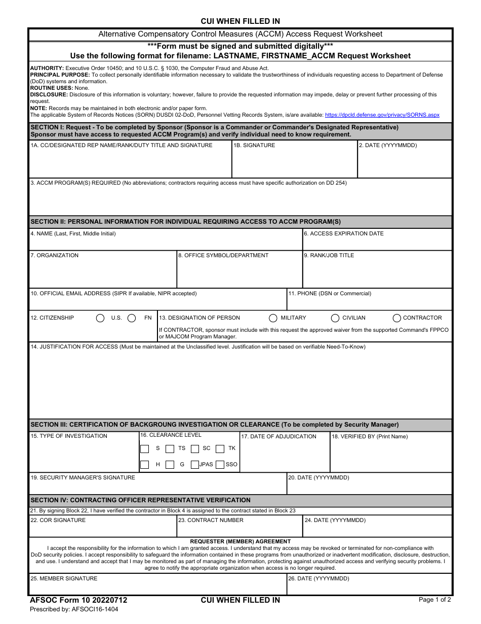 AFSOC Form 10 Alternative Compensatory Control Measures (Accm) Access Request Worksheet, Page 1