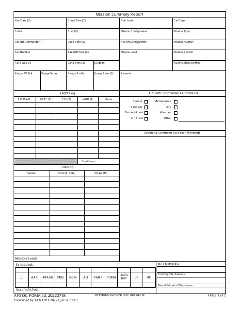 AFSOC Form 40 Mission Summary Report