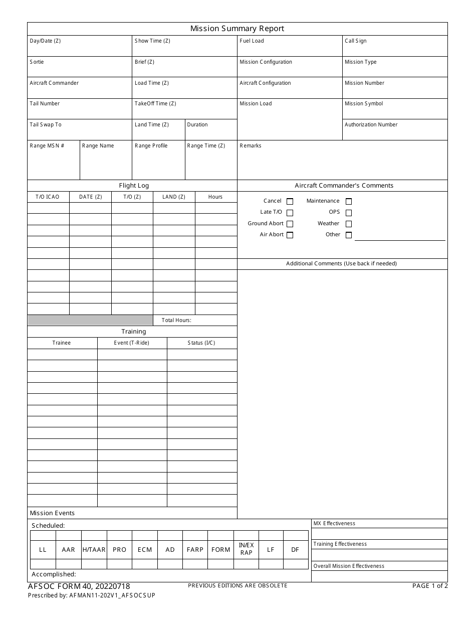 AFSOC Form 40 Mission Summary Report, Page 1