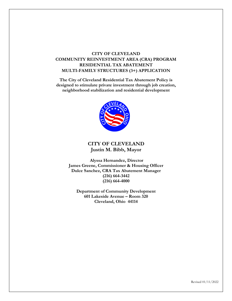 Residential Tax Abatement Multifamily Structure Application - City of Cleveland, Ohio, Page 1