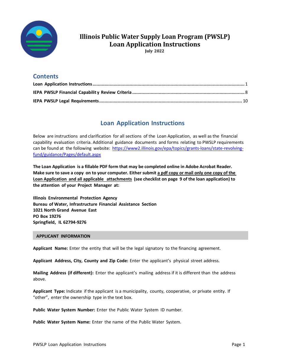 Instructions for Illinois Public Water Supply Loan Program (Pwslp) Application Package - Illinois, Page 1