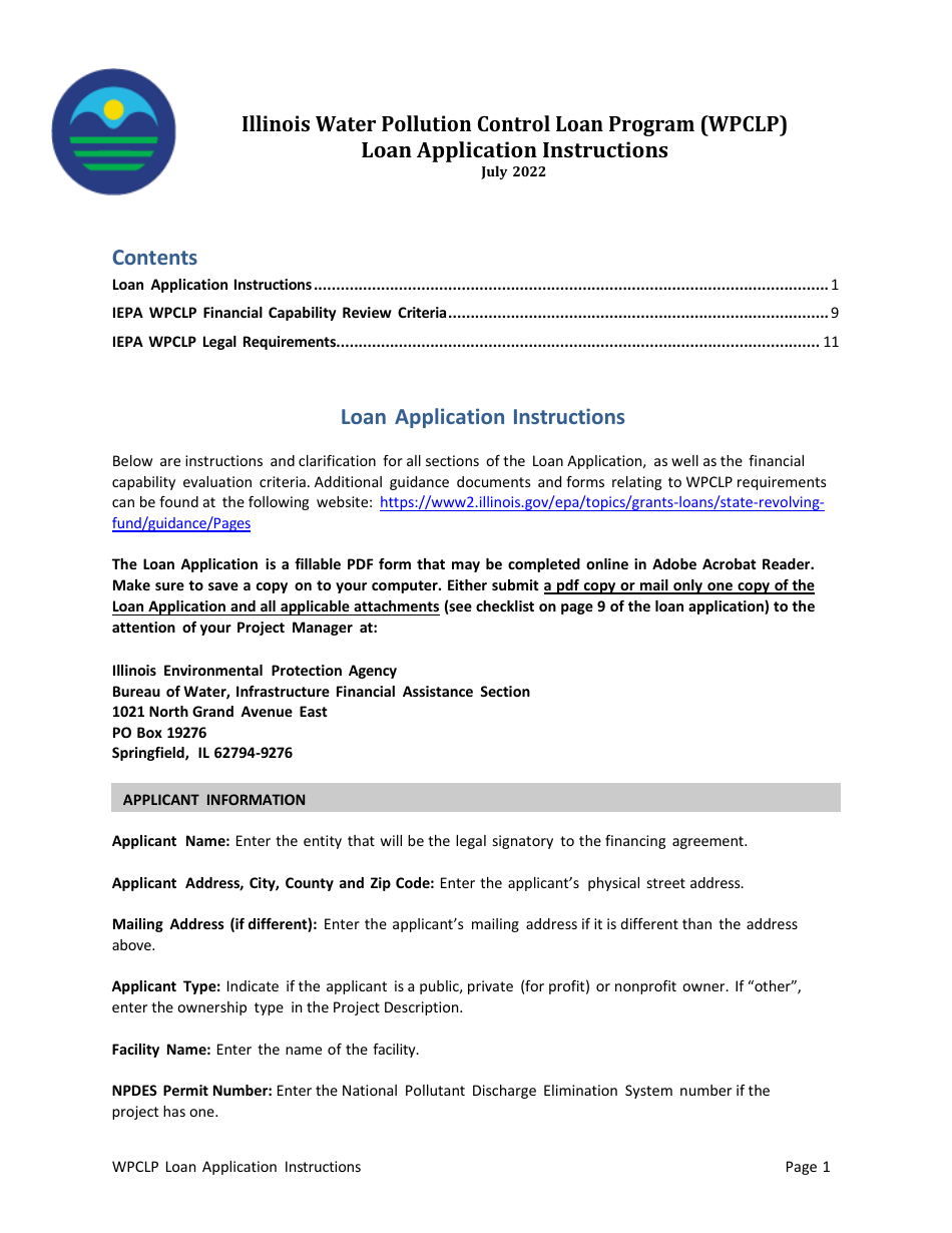 Instructions for Illinois Water Pollution Control Loan Program (Wpclp) Application Package - Illinois, Page 1