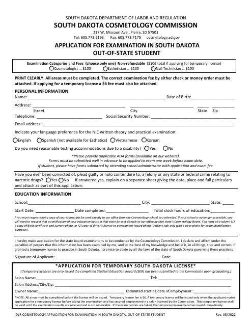 Application for Examination in South Dakota Out-of-State Student - South Dakota Cosmetology Commission - South Dakota