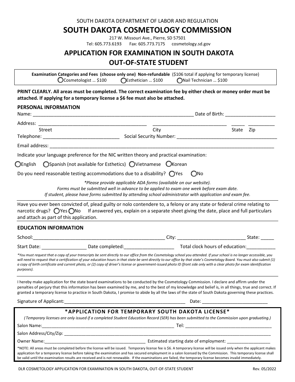 Application for Examination in South Dakota Out-of-State Student - South Dakota Cosmetology Commission - South Dakota, Page 1