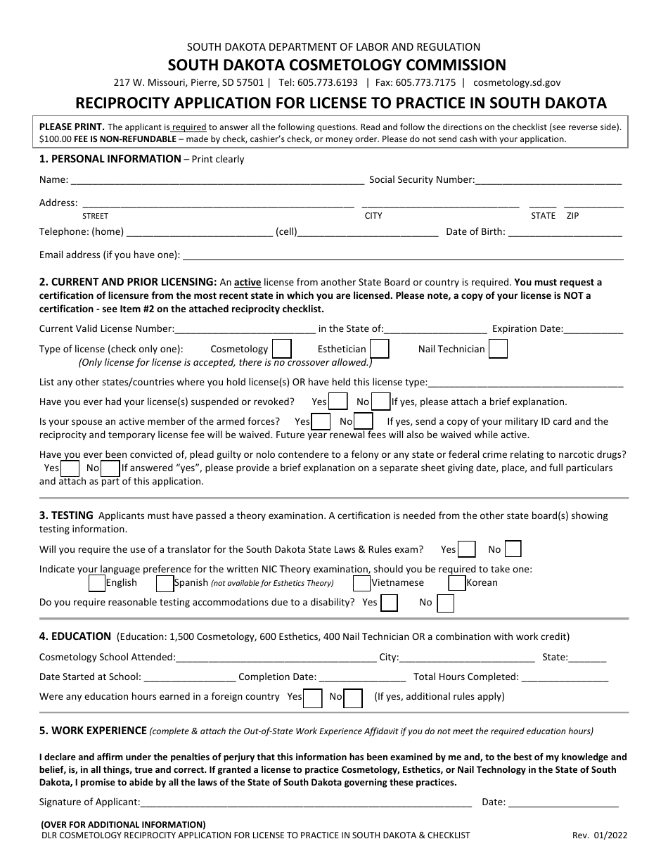 South Dakota Reciprocity Application For License To Practice In South Dakota Download Fillable 1567
