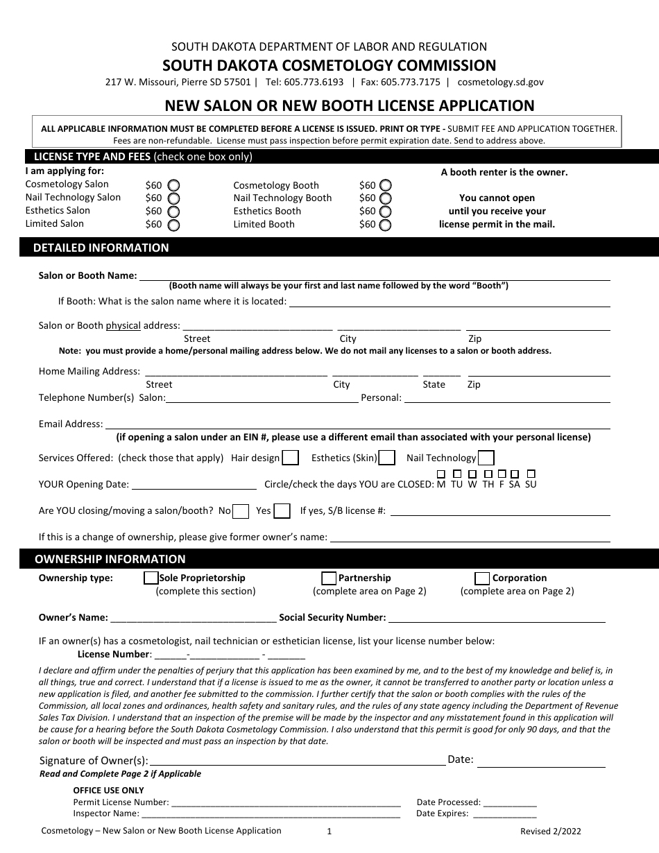 New Salon or New Booth License Application - South Dakota, Page 1