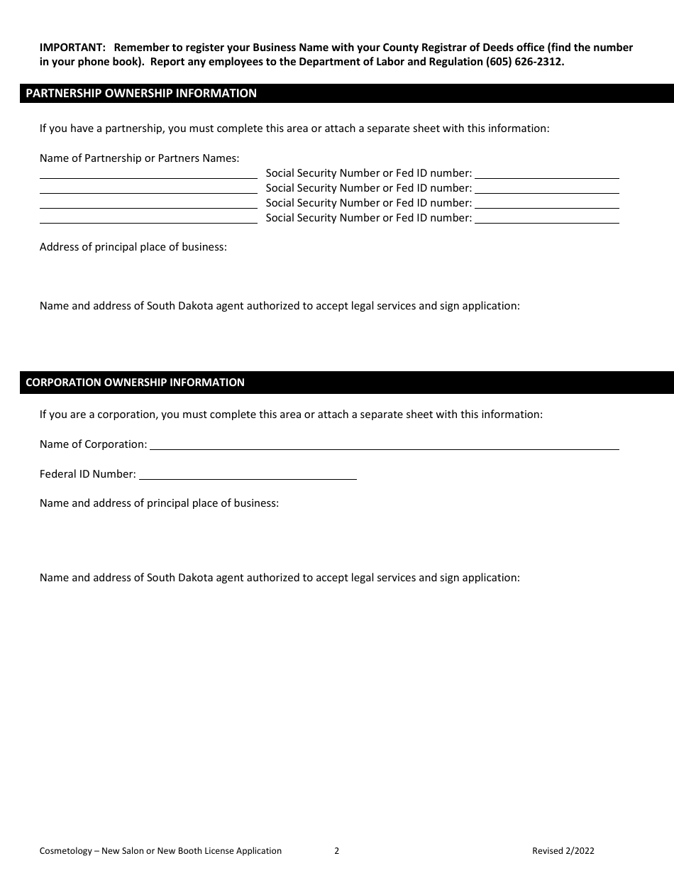 New Salon or New Booth License Application - South Dakota, Page 2