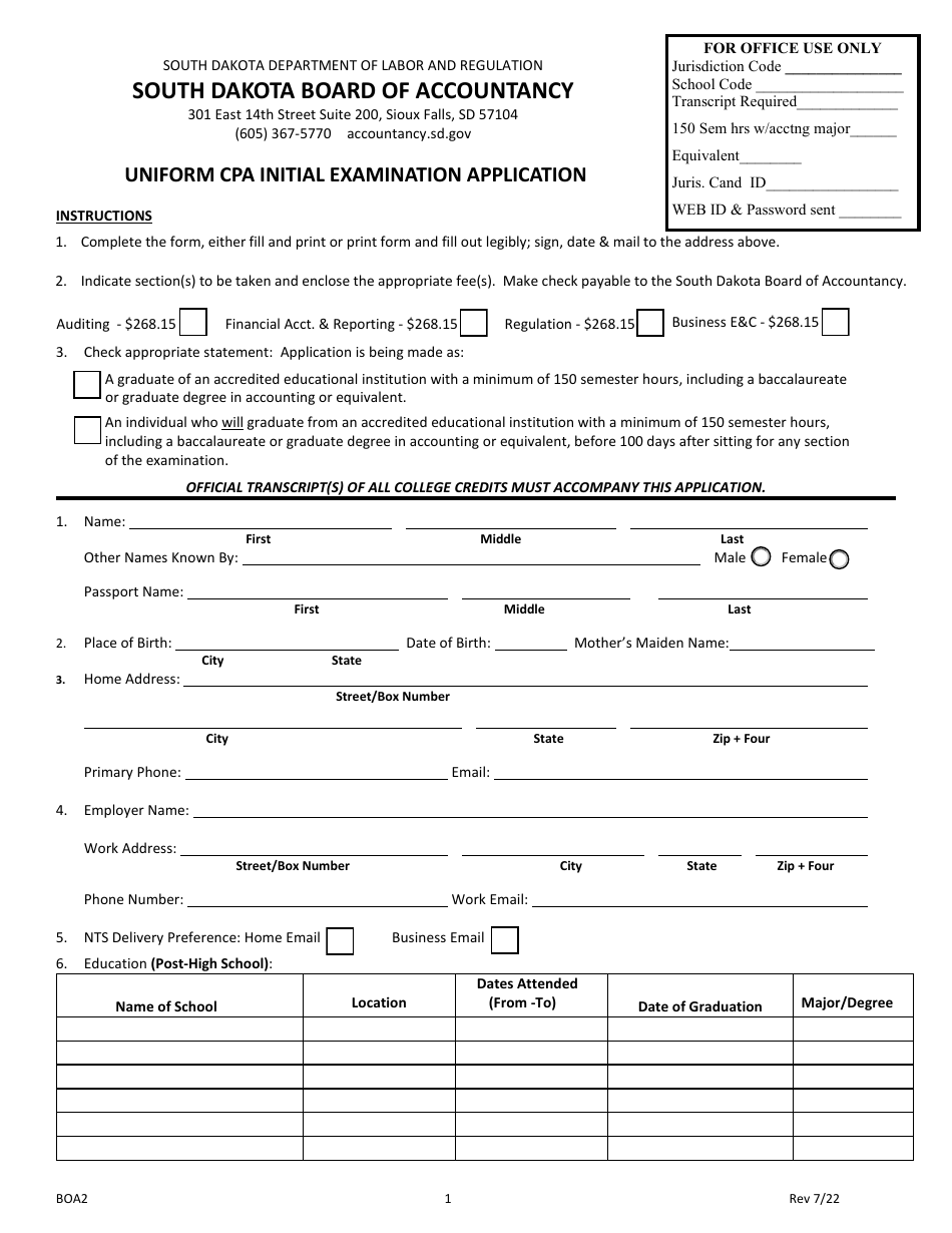 Form BOA2 Uniform CPA Initial Examination Application - South Dakota, Page 1