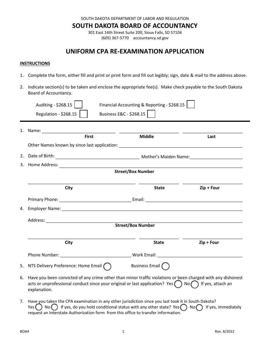Form BOA4 Uniform CPA Re-examination Application - South Dakota, Page 1