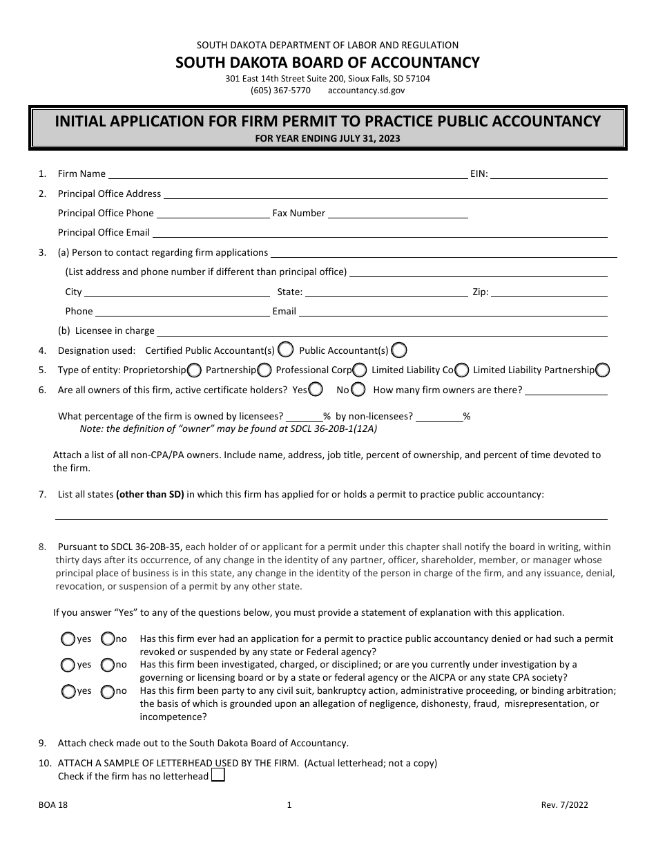 Form BOA18 Initial Application for Firm Permit to Practice Public Accountancy - South Dakota, Page 1