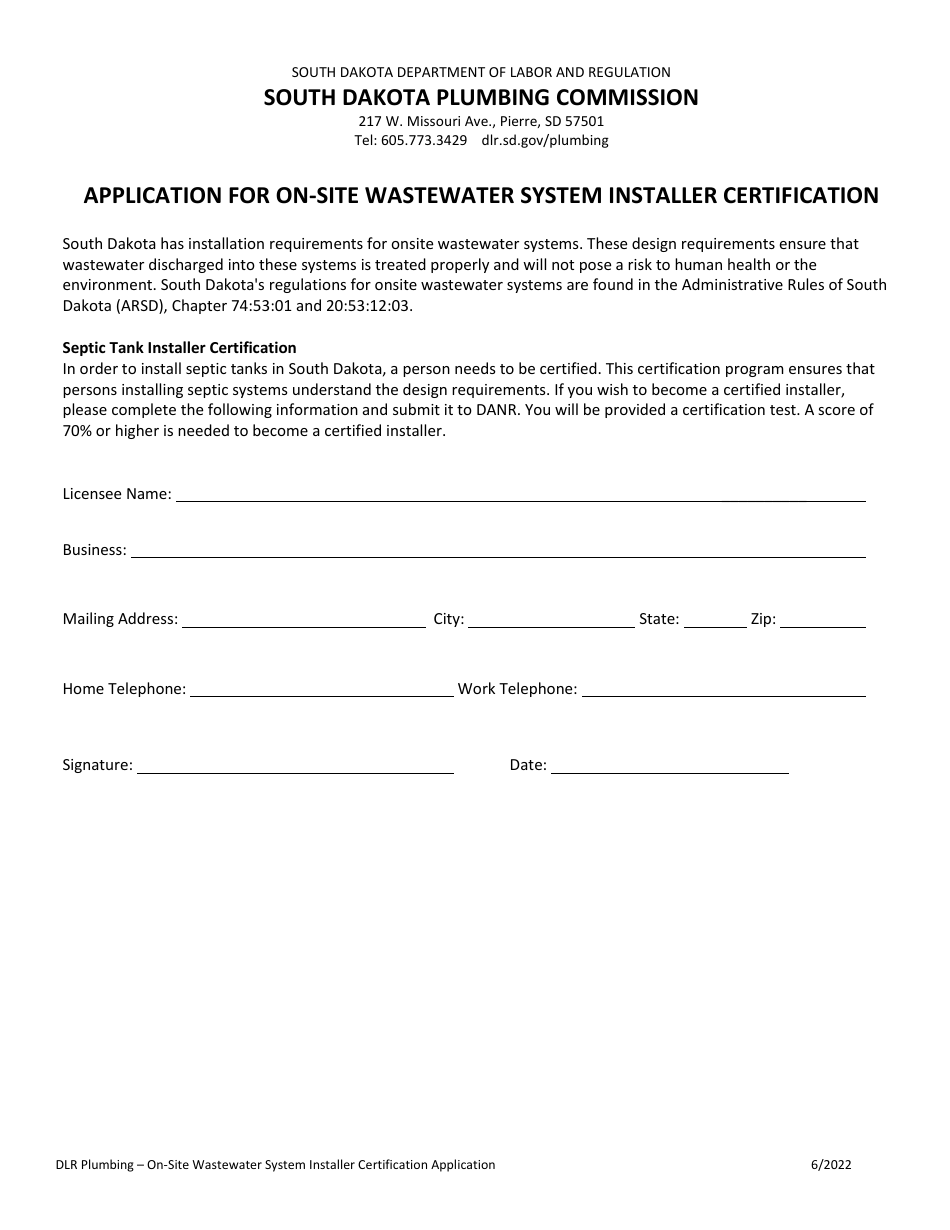 Application for on-Site Wastewater System Installer Certification - South Dakota, Page 1