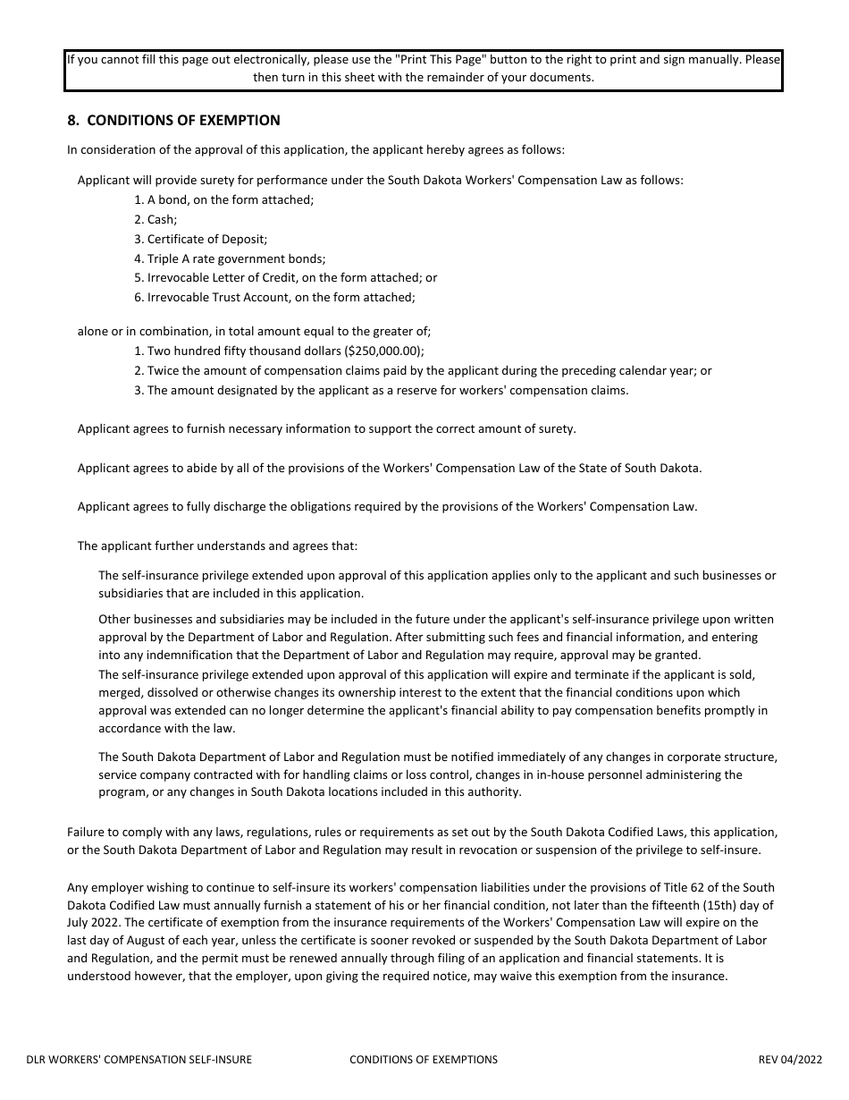 Application to Self-insure Workers Compensation Liabilities - South Dakota, Page 16