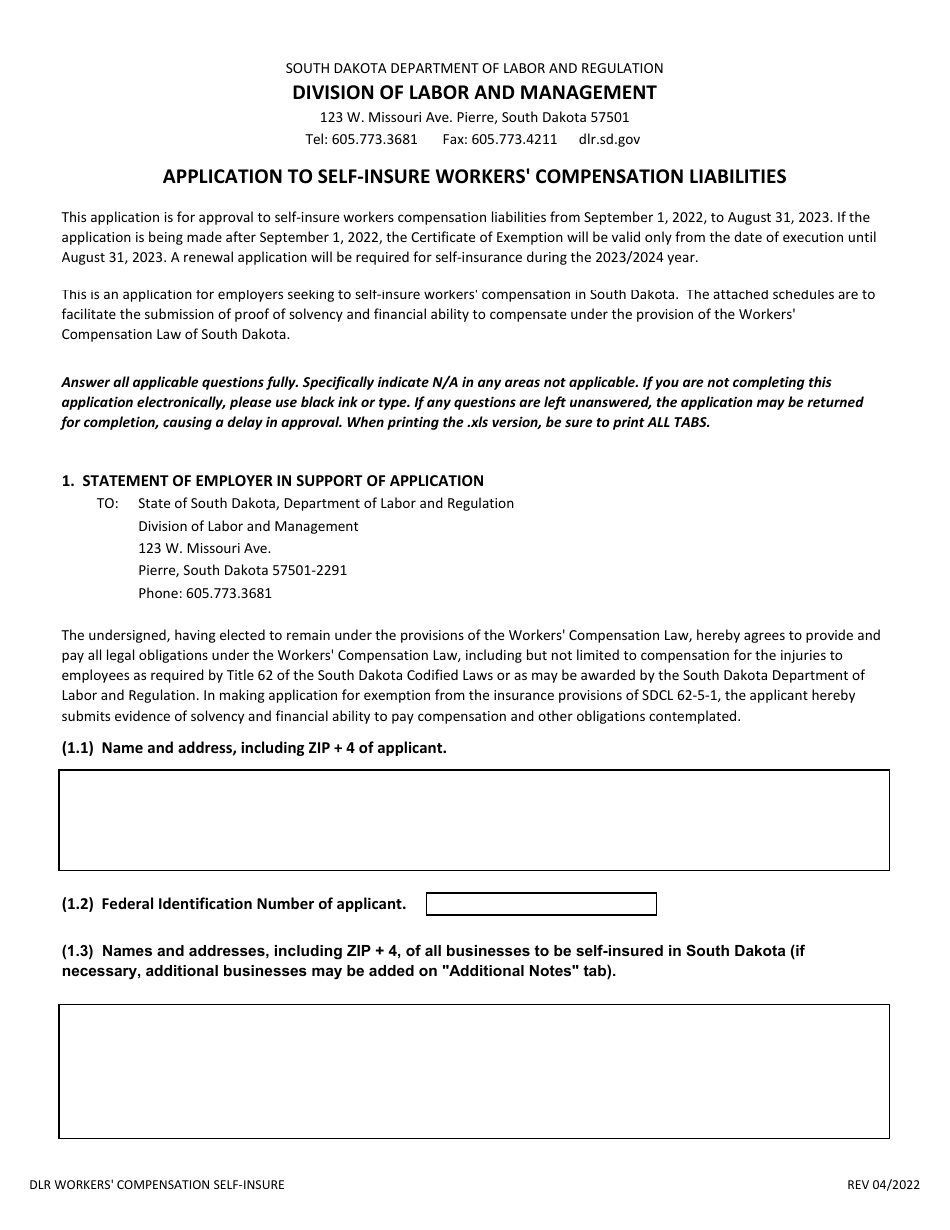 Application to Self-insure Workers' Compensation Liabilities - South Dakota, Page 1