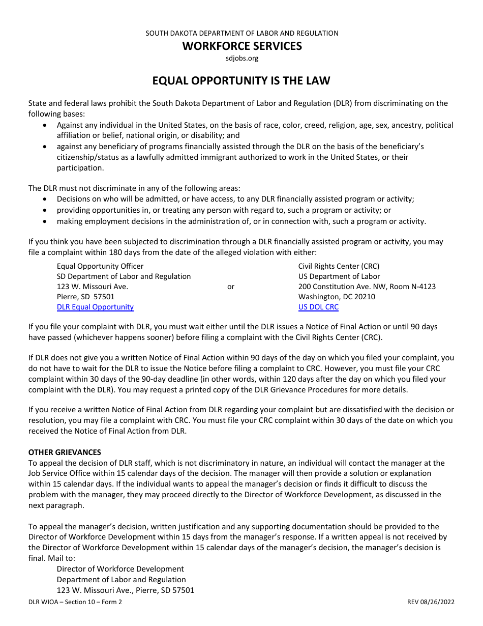 Form 2 Equal Opportunity Notice and Acknowledgment Form - South Dakota, Page 1