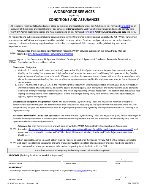Form 10A Conditions and Assurances Signature Page - South Dakota