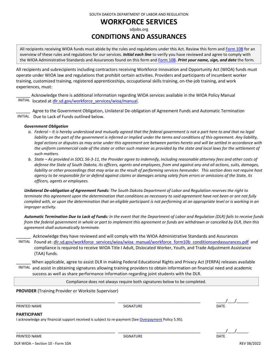 Form 10A Conditions and Assurances Signature Page - South Dakota, Page 1