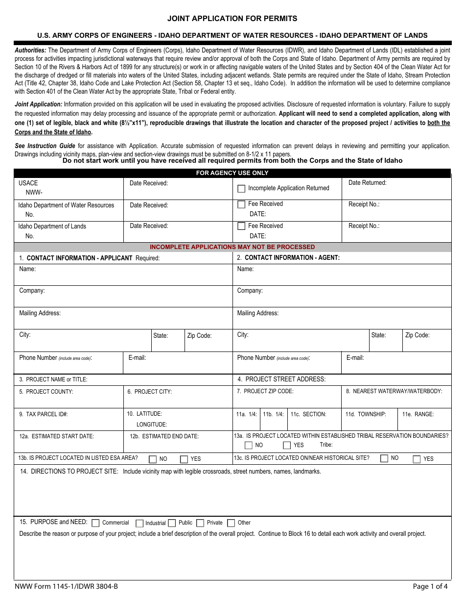 NWW Form 1145-1 (IDWR3804-B) Joint Application for Permits - Idaho, Page 1