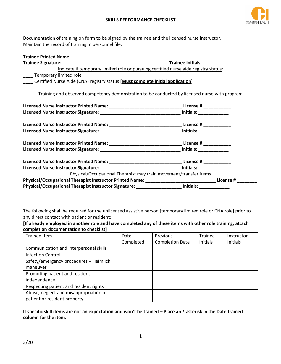 Skills Performance Checklist - South Dakota, Page 1