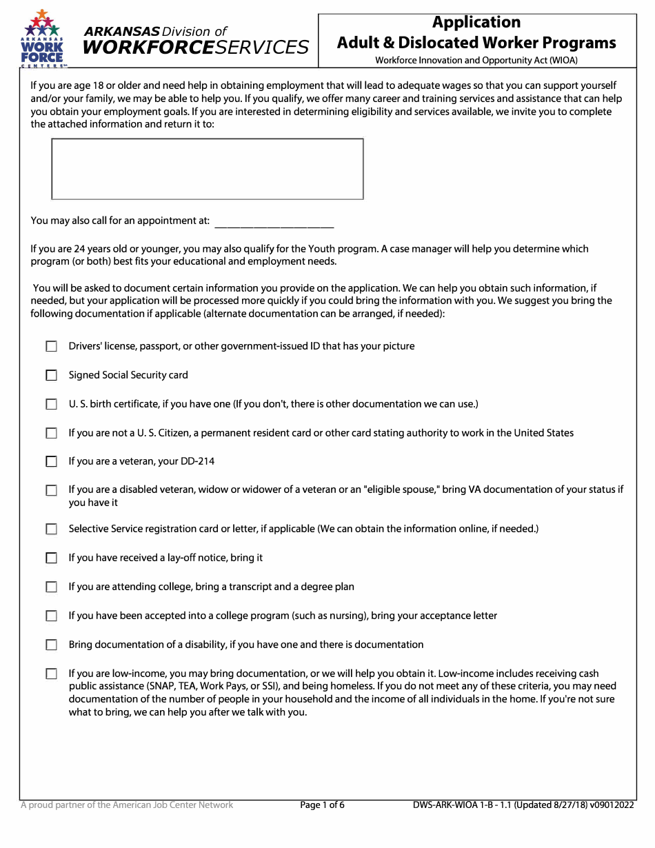 Form 1.1 Application - Adult  Dislocated Worker Programs - Arkansas, Page 1