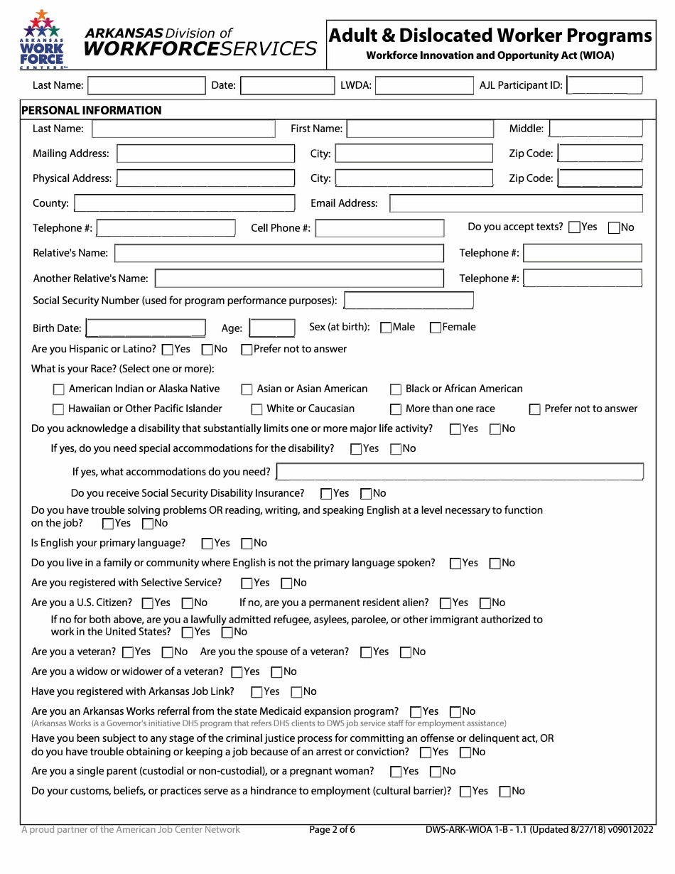 Form 1.1 Application - Adult  Dislocated Worker Programs - Arkansas, Page 2