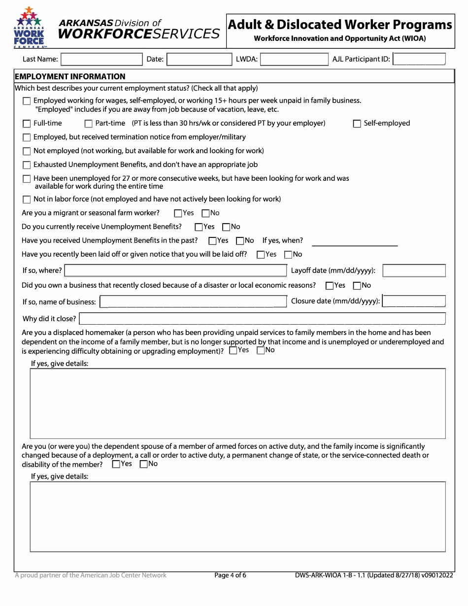 Form 1.1 Application - Adult  Dislocated Worker Programs - Arkansas, Page 4